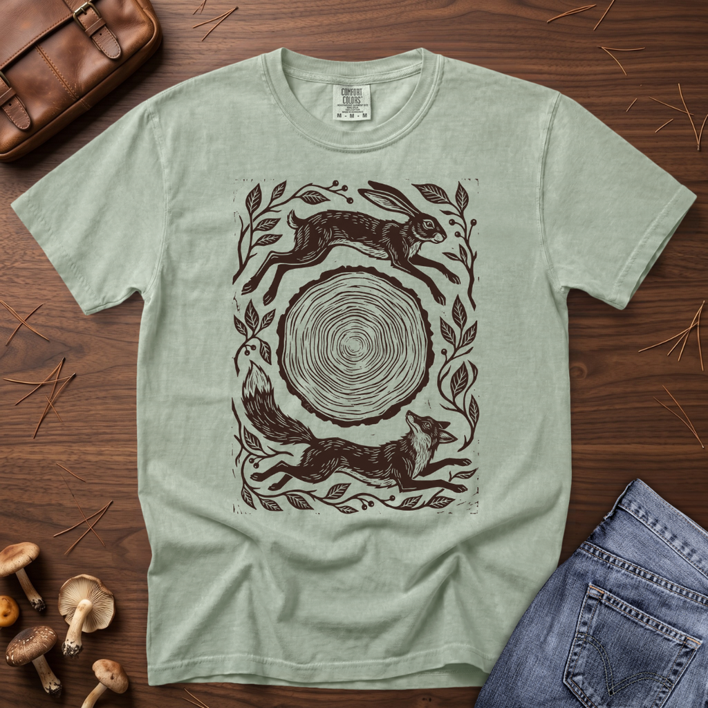 A sage green crewneck t-shirt with a dark brown graphic print of a hare, fox, and tree stump, styled in a flat lay on a wooden surface with a brown leather bag, mushrooms, and blue jeans.