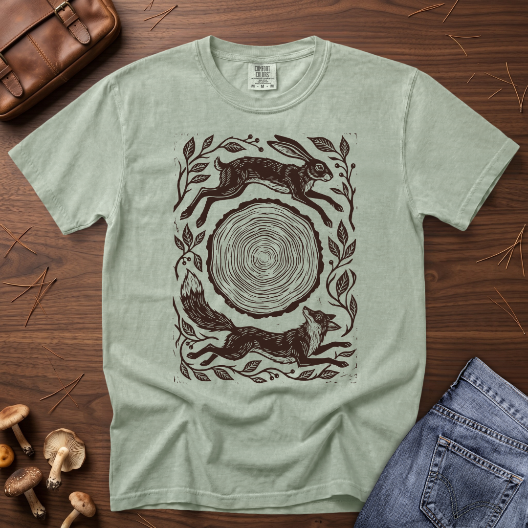 A sage green crewneck t-shirt with a dark brown graphic print of a hare, fox, and tree stump, styled in a flat lay on a wooden surface with a brown leather bag, mushrooms, and blue jeans.
