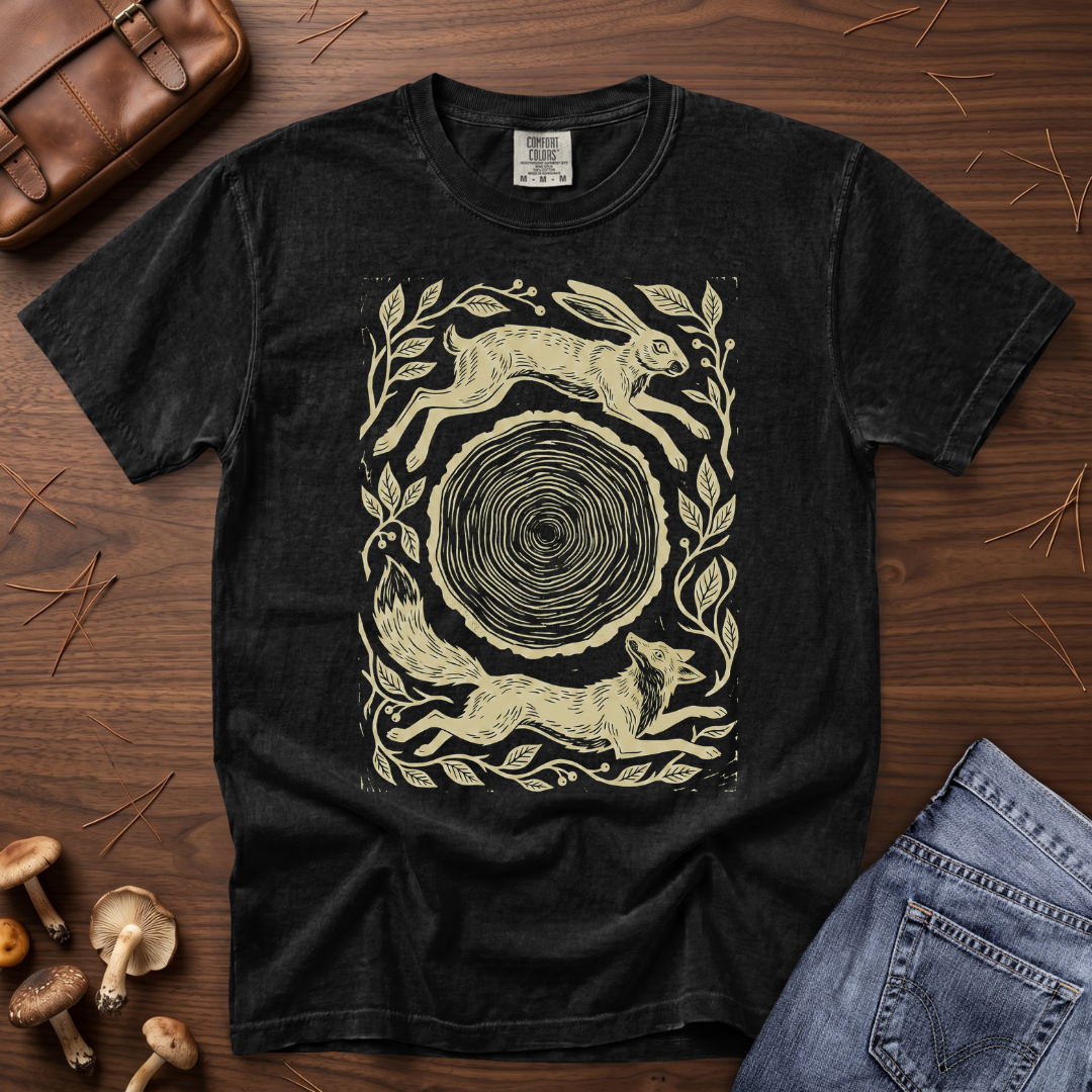 A black graphic t-shirt featuring a cream-colored print of a hare, a fox, and a tree stump, styled in a flat-lay on a wooden surface with mushrooms, a leather bag, and blue jeans.