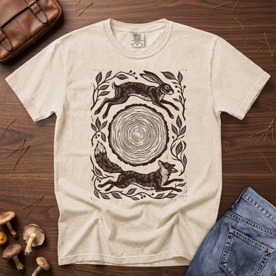 An off-white crewneck t-shirt with a dark brown graphic print of a hare, fox, and a tree stump, laid flat on a dark wood background with lifestyle props including jeans, a leather bag, and mushrooms.