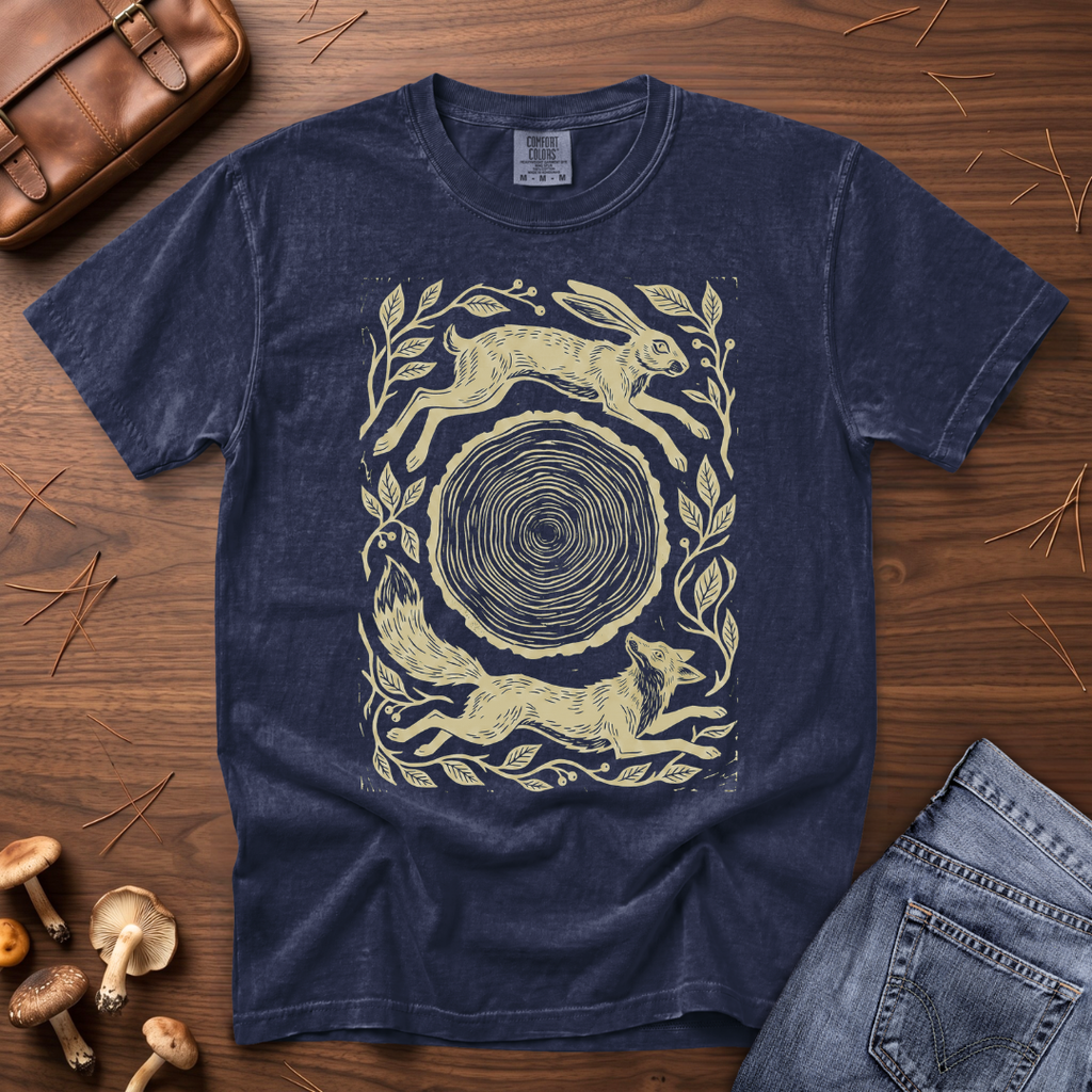A navy blue short-sleeve t-shirt with a vintage-style cream graphic of a fox, rabbit, and tree trunk, laid flat on a wooden surface with lifestyle props including jeans, a leather bag, and mushrooms.